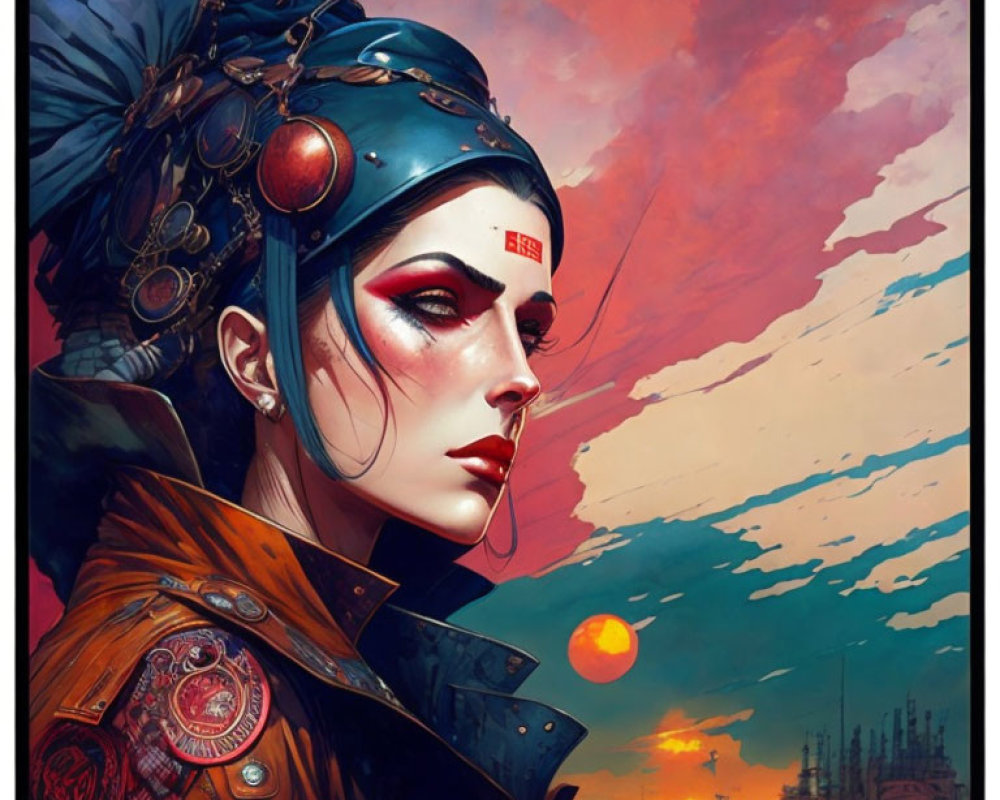 Futuristic female warrior with dramatic sunset backdrop