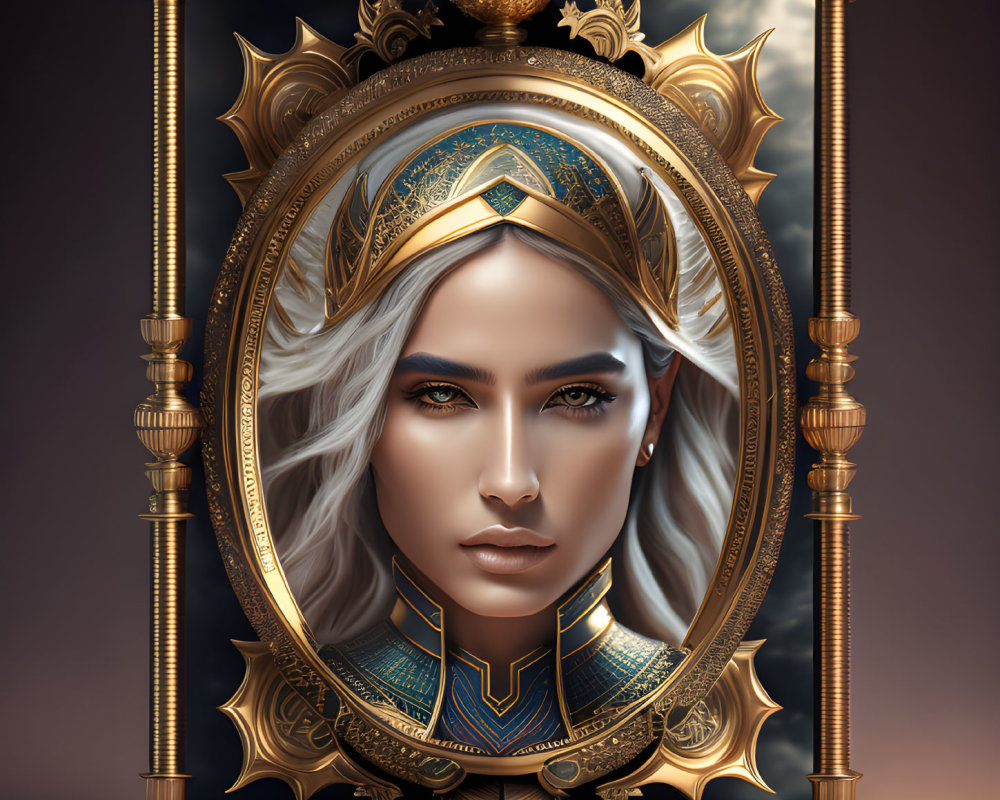 Detailed digital art portrait of fair-skinned woman with grey hair in ornate, golden regal frame