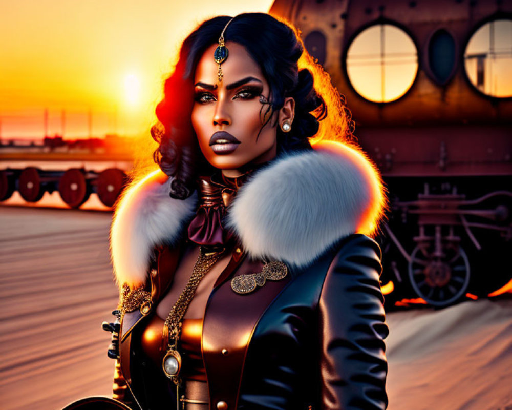 Steampunk-themed woman in fur-trimmed attire by vintage train car at sunset