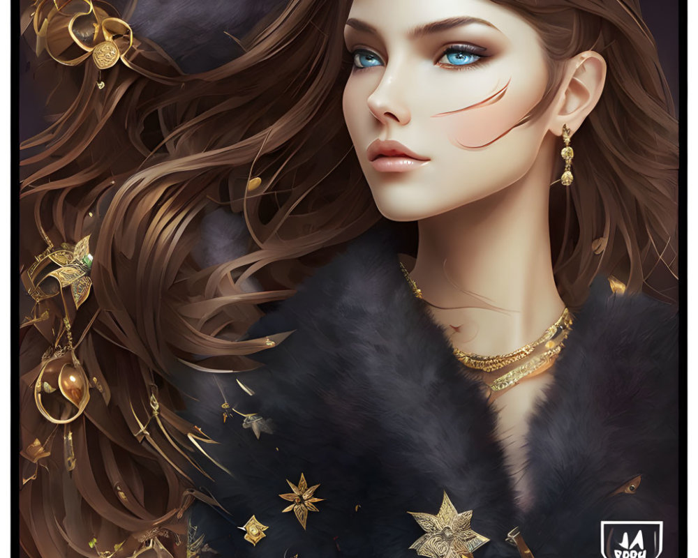 Illustrated portrait of a woman with brown hair, gold accessories, fur collar, and striking blue eyes