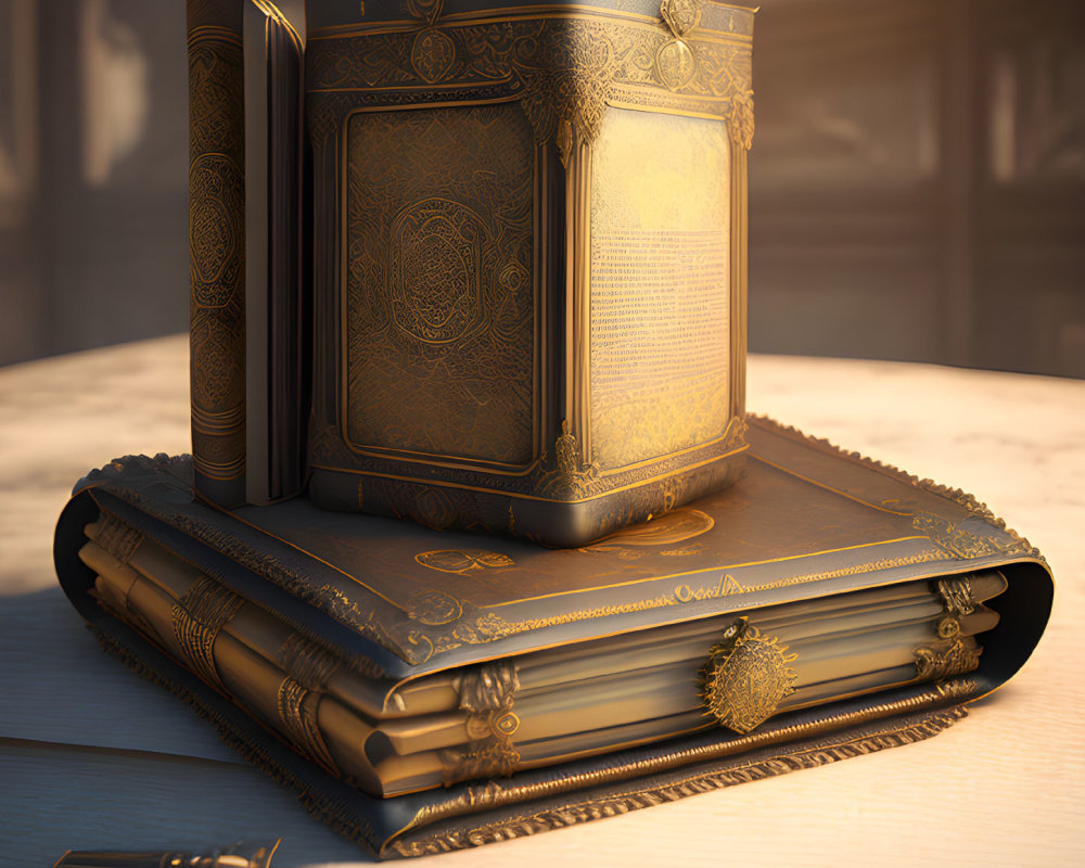 Old Book with Gilded Edges and Intricate Cover Design on Desk in Warm Light