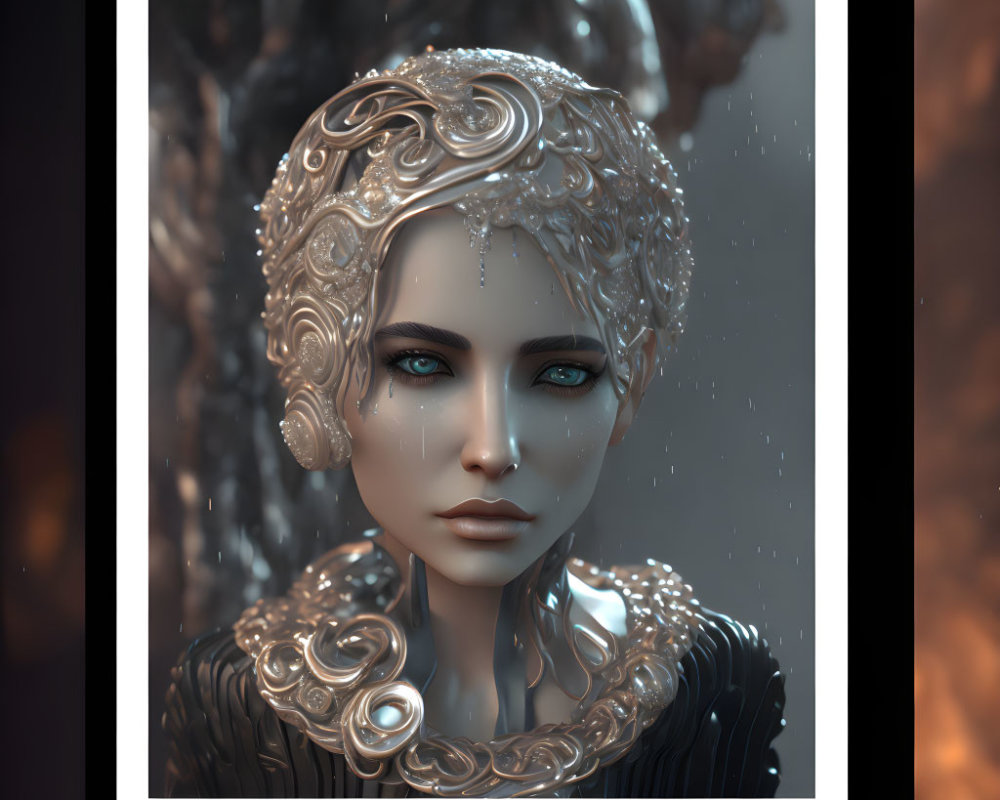 Digital artwork of female figure with ornate silver headgear and jewelry on dark bokeh background