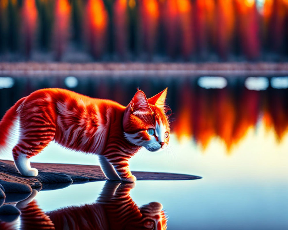 Orange Tabby Cat on Wooden Dock by Tranquil Lake at Sunset