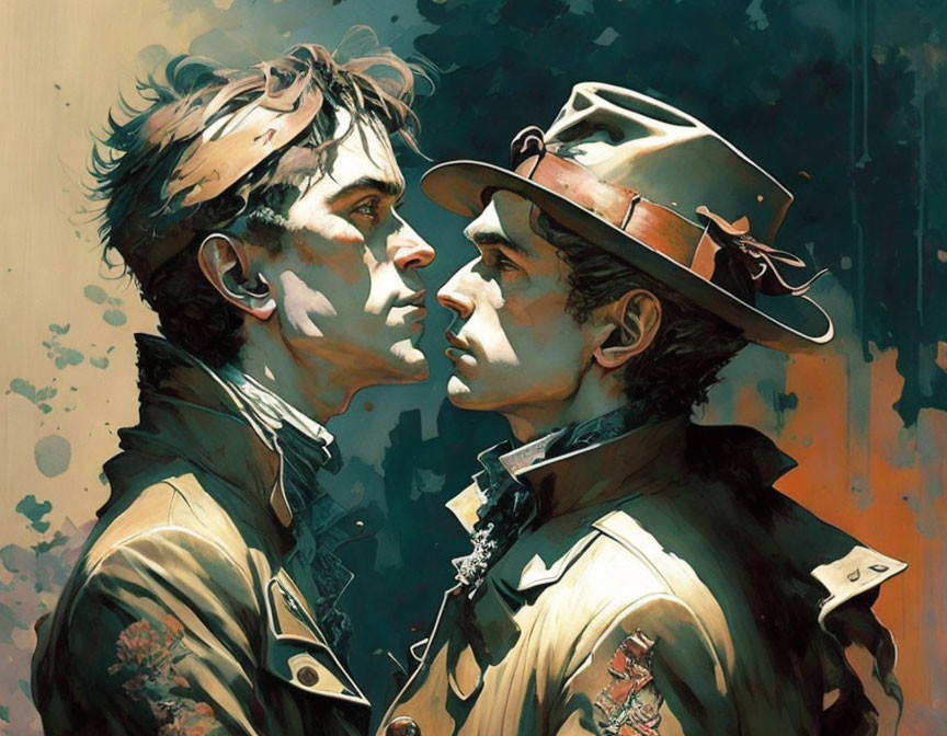 Illustrated male characters in vintage military attire facing each other closely on colorful backdrop