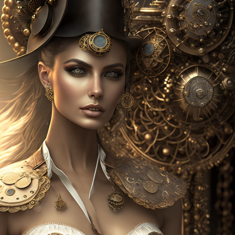 Steampunk-themed woman in top hat and intricate jewelry.