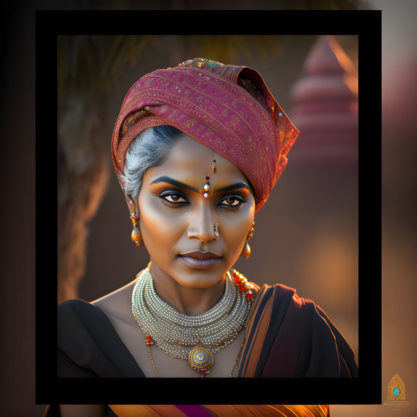 Traditional Indian attire woman with striking makeup and jewelry gazes sideways