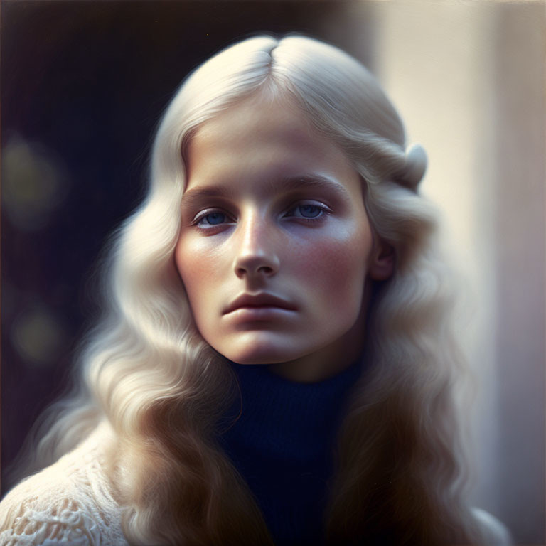 Person with Platinum Blonde Hair and Blue Eyes in Dark Turtleneck Portrait