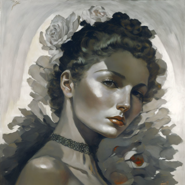 Stylized portrait of woman with roses and choker against soft grey background