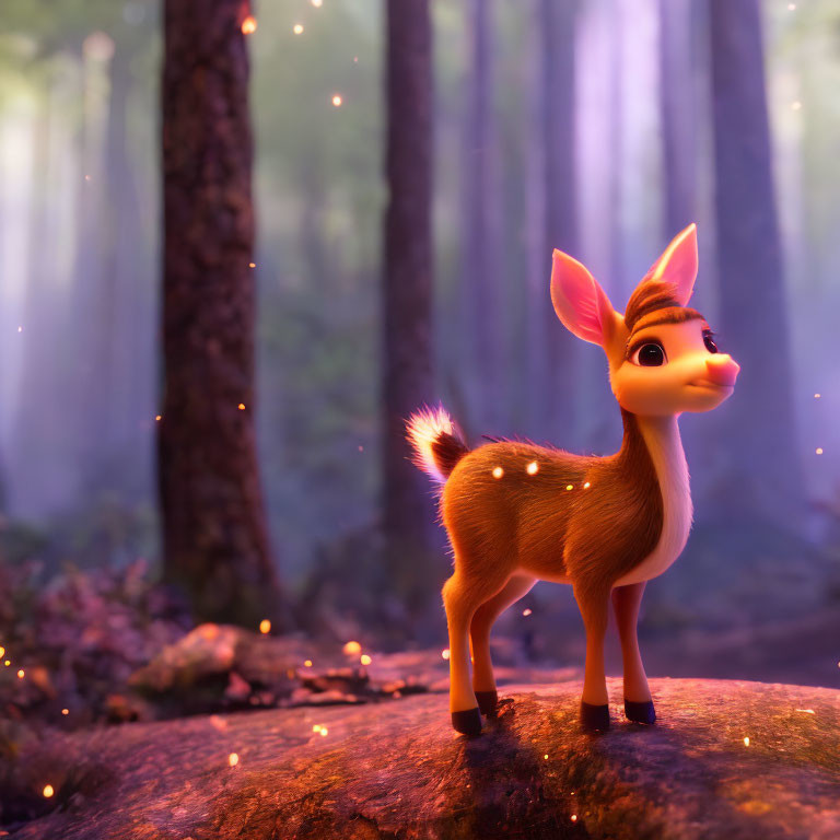 Glowing animated fawn in mystical forest with sunbeams