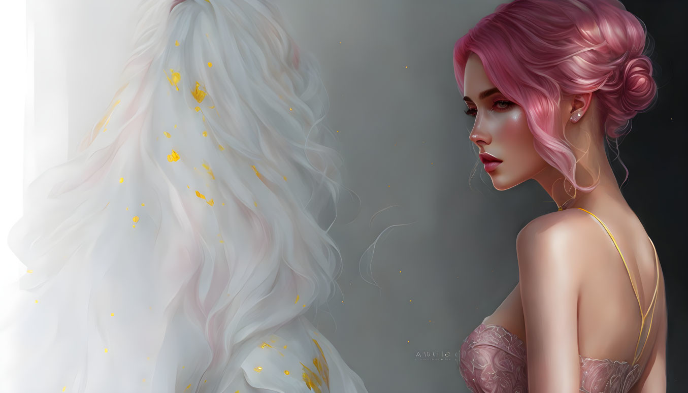 Illustration of Woman with Pink Hair and Reflection with White Hair and Gold Accents