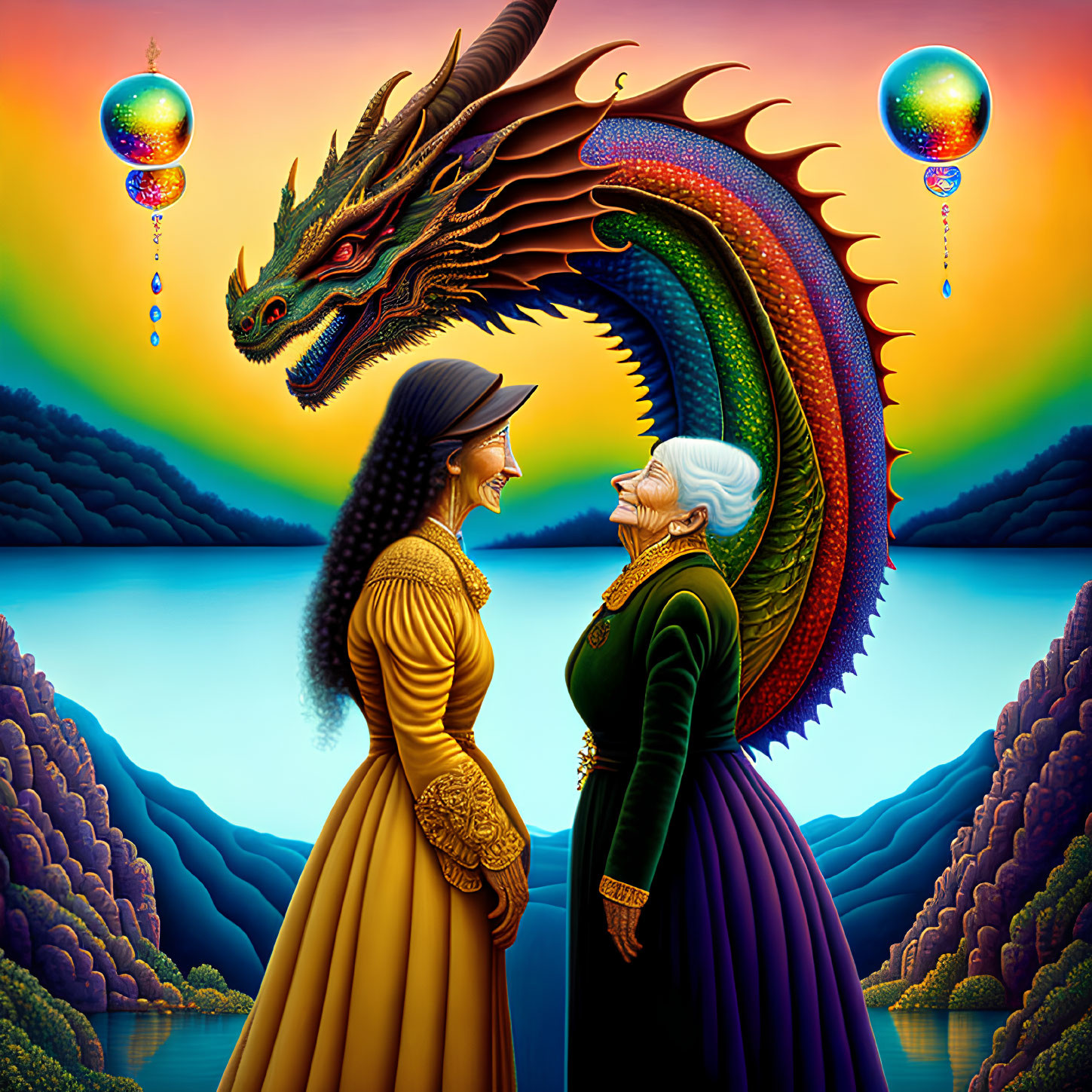 Two women in elegant dresses with a vibrant dragon in a fantastical landscape.