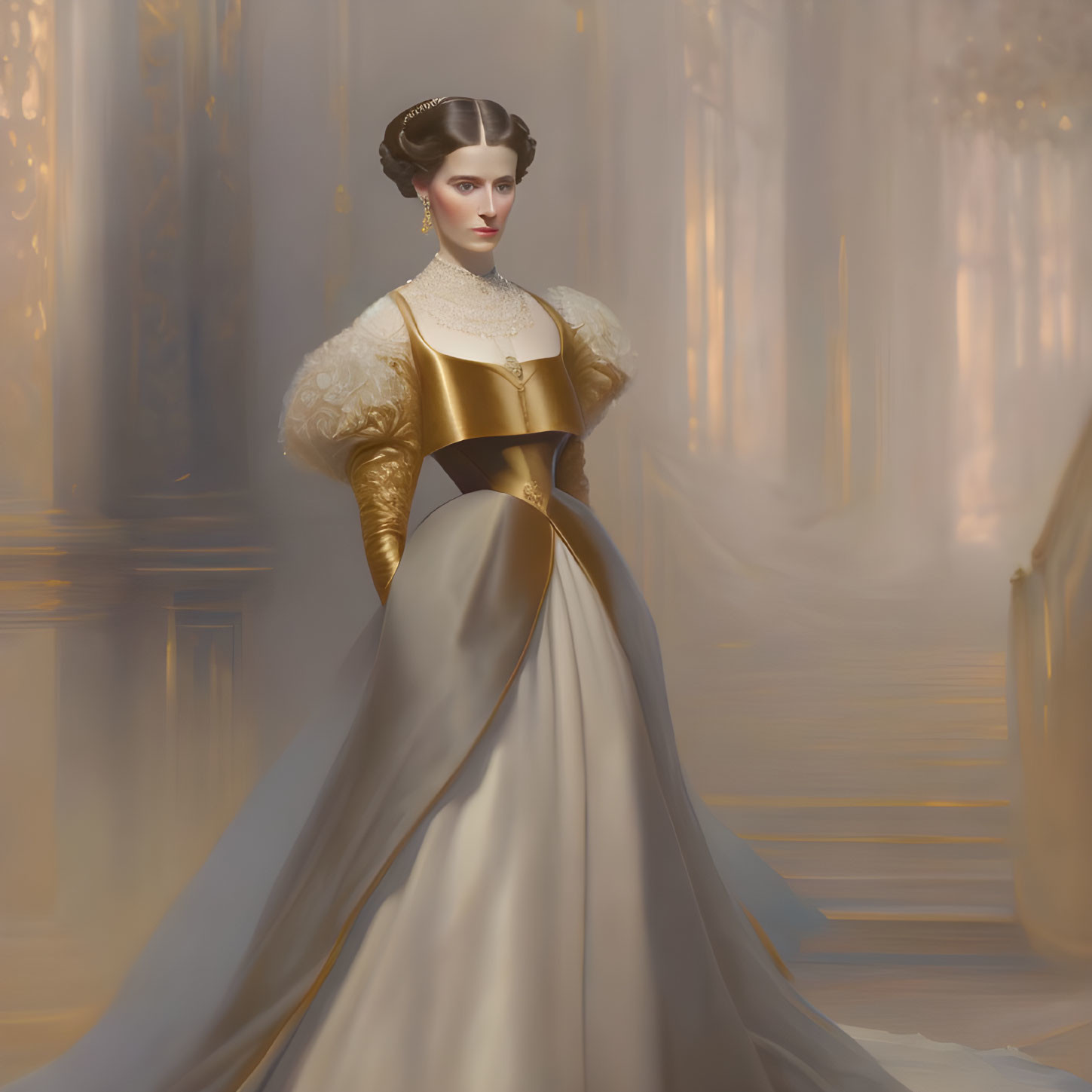 Regal woman in elegant period dress with golden accents in sunlit hall