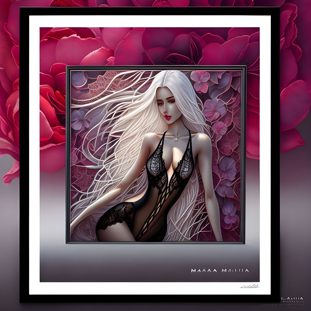 Illustrated portrait of woman with white hair in black lace, surrounded by pink flowers