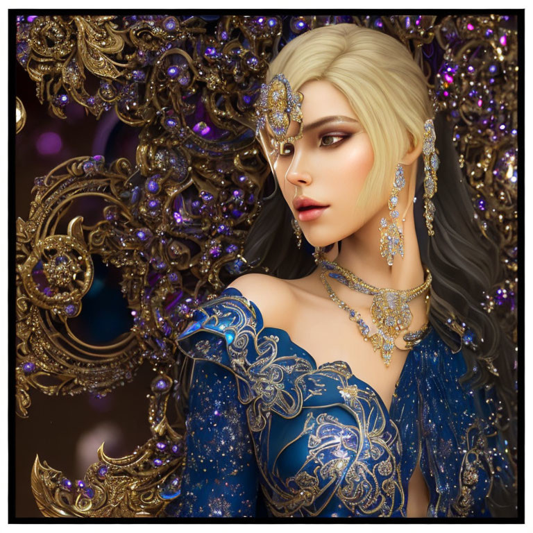 Blonde Woman in Blue Dress with Gold Jewelry on Ornate Golden Background