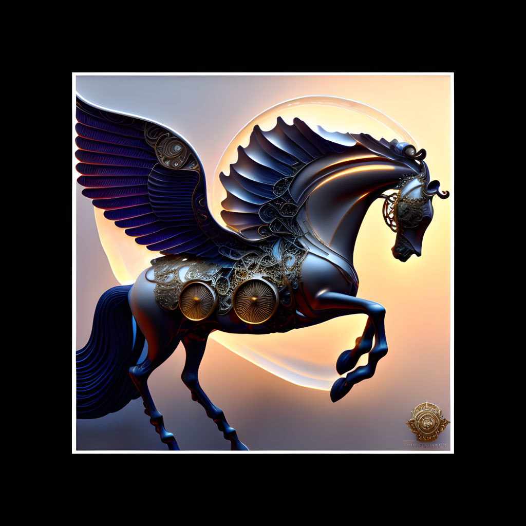 Metallic Horse Artwork with Purple and Silver Mechanical Design