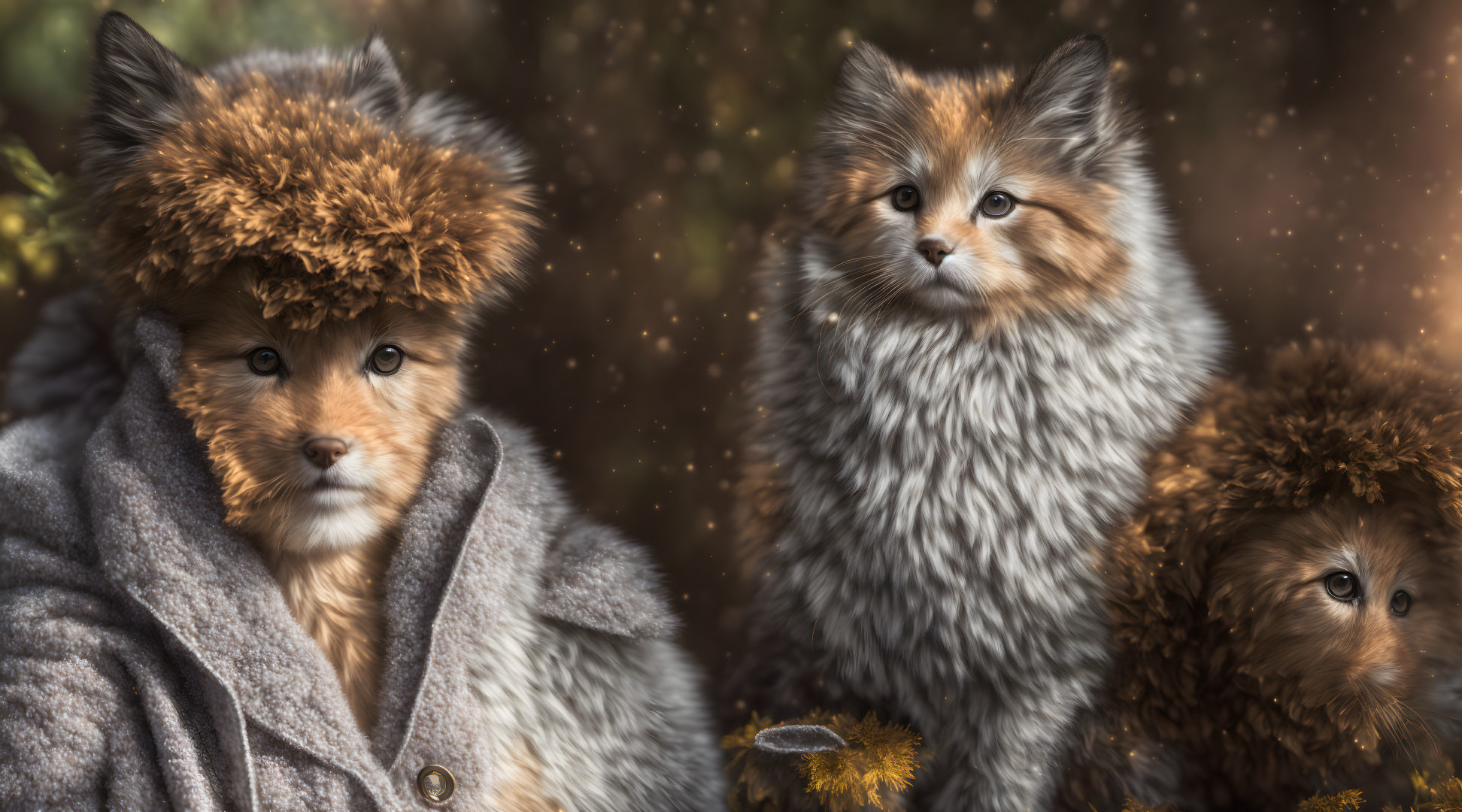 Three animals in winter attire with fox-like features in a cozy, sparkling setting