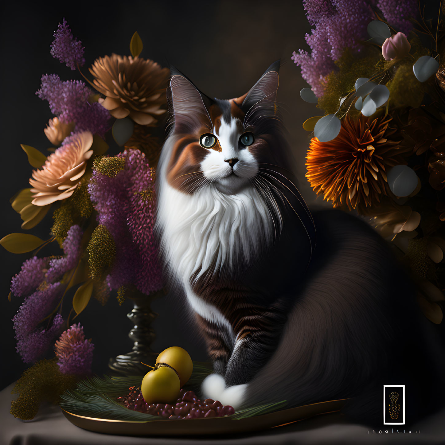 Fluffy Cat Surrounded by Colorful Flowers and Fruit