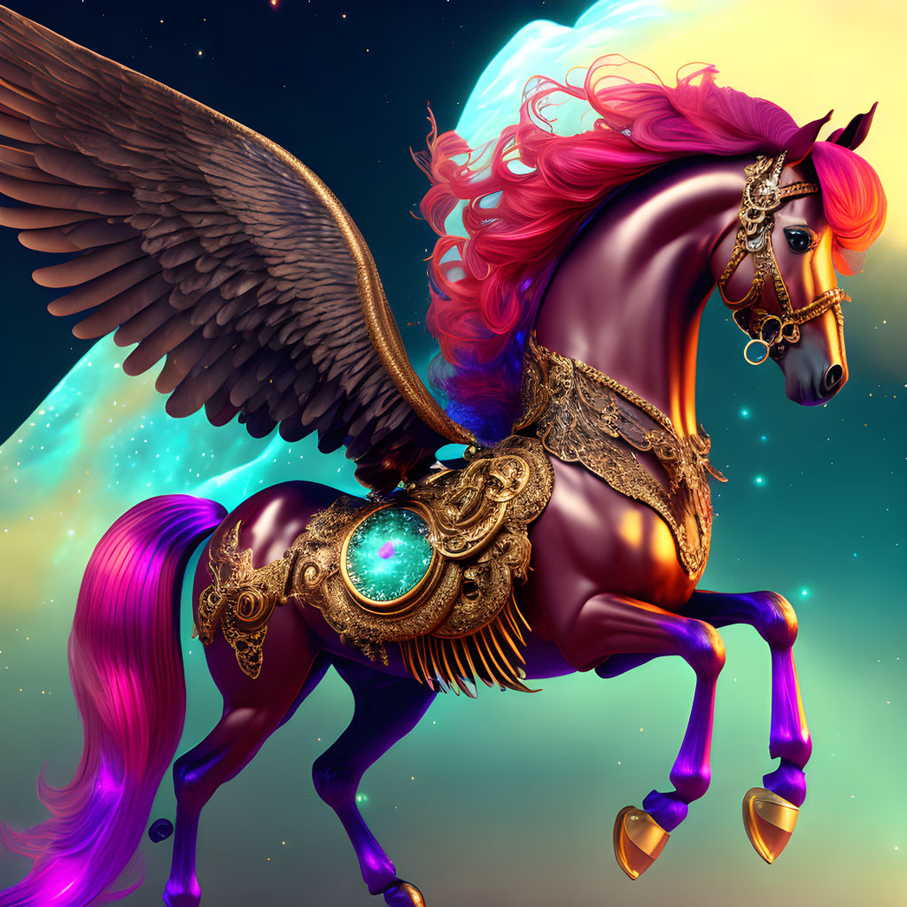 Colorful Winged Horse with Pink Mane and Golden Armor in Cosmic Setting