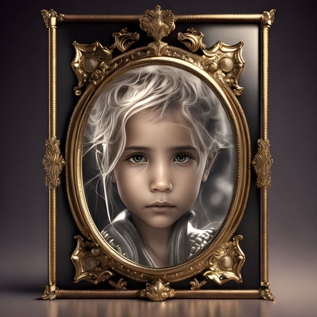 Monochromatic portrait of child with piercing eyes and wavy hair in golden frame