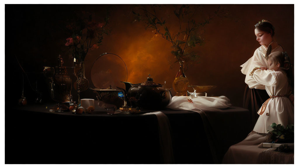 Classic Still Life Painting with Tea Set, Woman, and Child in Traditional Attire