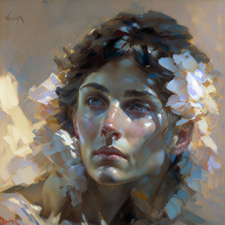 Portrait of a Woman in Oil Painting with Light and Floral Accents