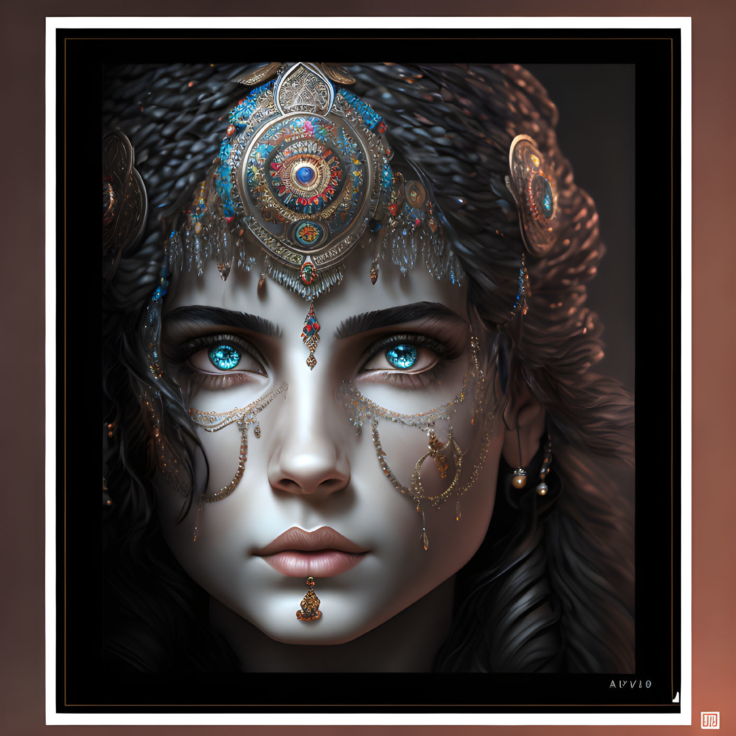 Digital art portrait featuring female with striking blue eyes and elaborate silver-and-gold headdress.