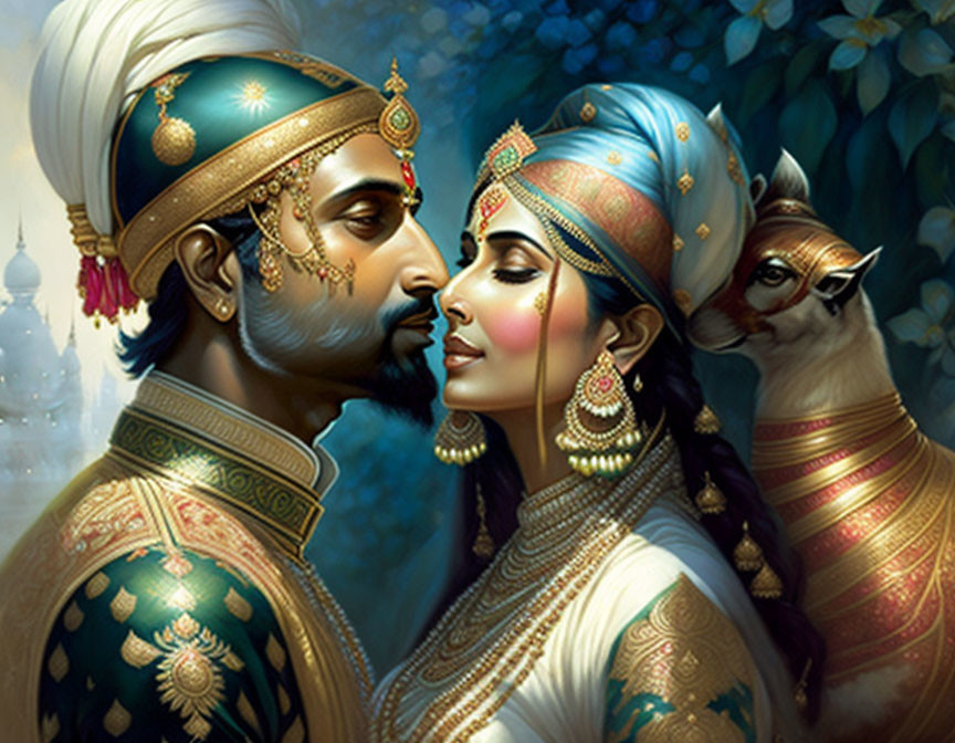 Traditional Indian Attire: Regal Couple with Ornate Jewelry and Turban, Deer, Palace Back