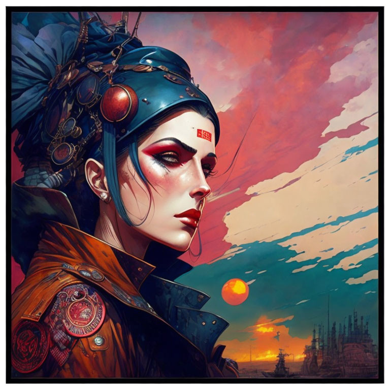 Futuristic female warrior with dramatic sunset backdrop