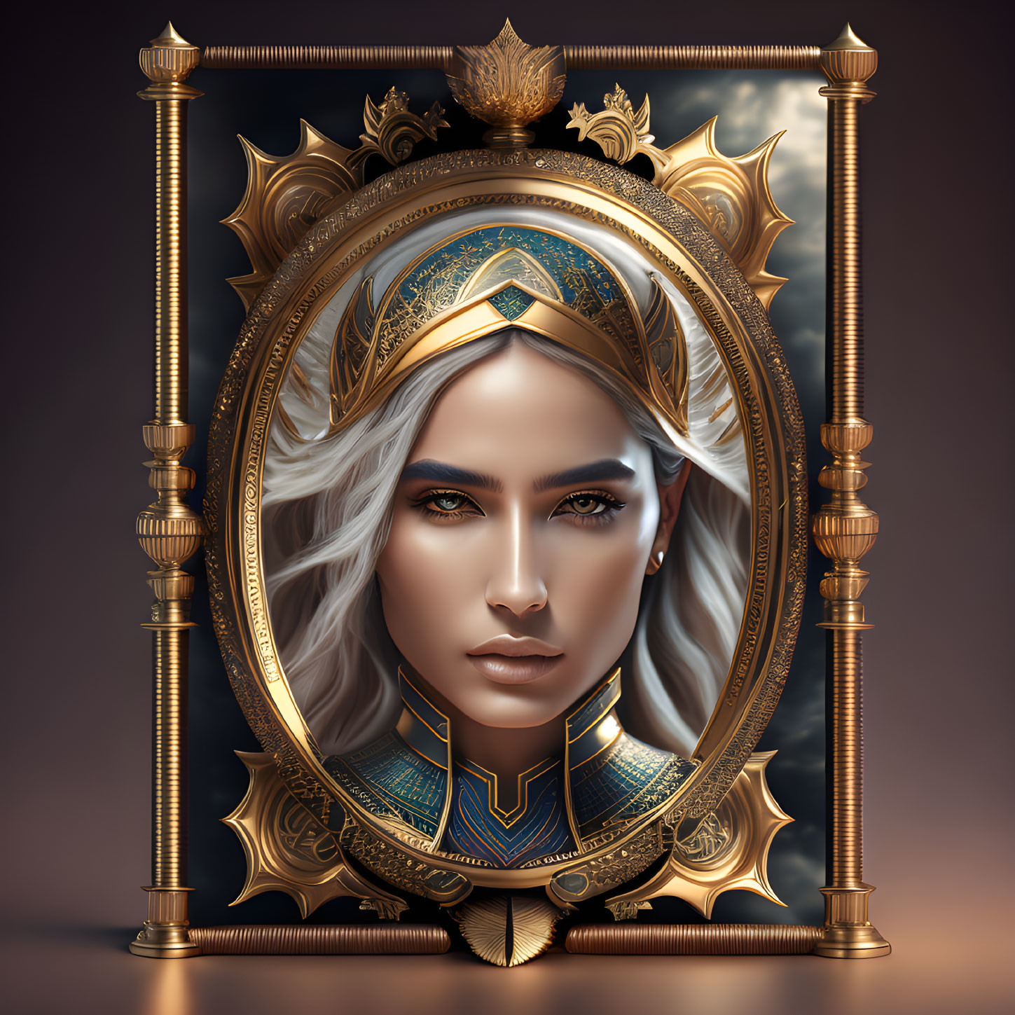 Detailed digital art portrait of fair-skinned woman with grey hair in ornate, golden regal frame