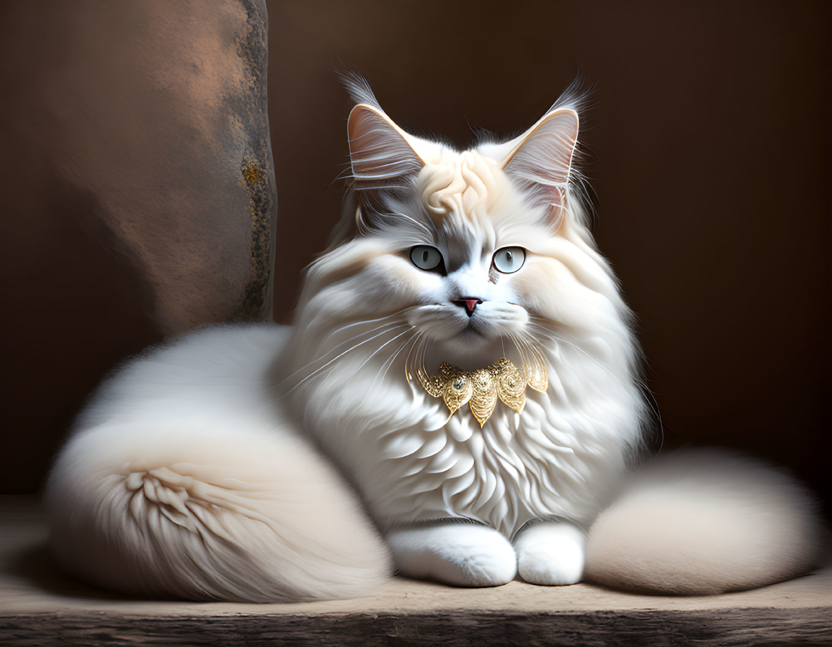 Fluffy White Cat with Blue Eyes and Gold Necklace on Earth-Toned Background