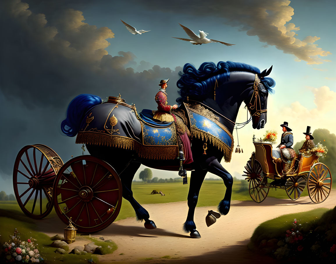 Ornate horse-drawn carriage with driver and footman on country road under dramatic sky.