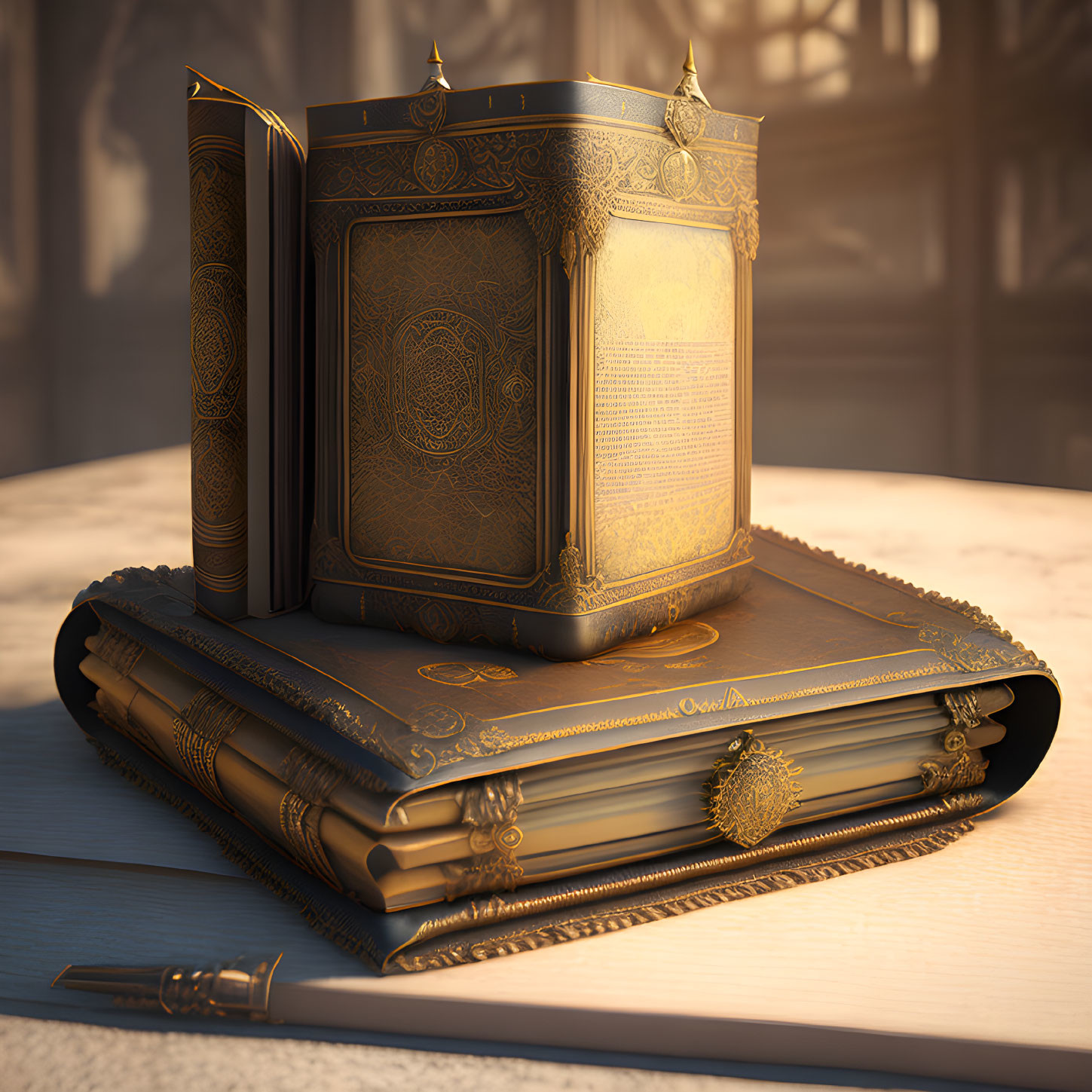 Old Book with Gilded Edges and Intricate Cover Design on Desk in Warm Light