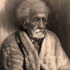 Elderly man with white hair, beard, and glasses in beige coat, eyes closed.