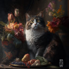 Cat with fruit, wine, and flowers in classical still-life scene