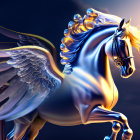 Majestic Winged Horse with Golden Mane in Twilight Sky