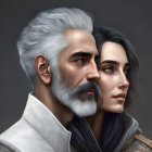 Realistic digital painting of man with white beard and woman with dark hair