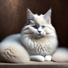 Fluffy White Cat with Blue Eyes and Gold Necklace on Earth-Toned Background