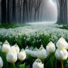 Enchanting forest scene with white flowers, lush greenery, soft sunlight, and serene mist