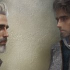 Stylized male characters with sharp features and fashionable hairstyles in profile and three-quarters view against snowy backdrop