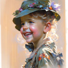 Joyful child in flower hat basking in sunlight