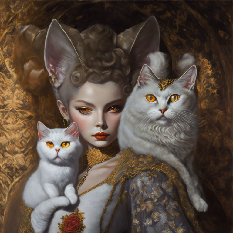 Portrait of person with feline features and two white cats on golden background