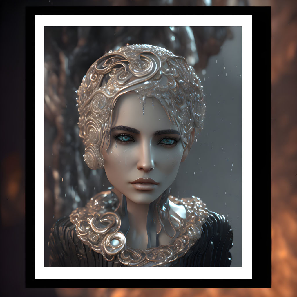 Digital artwork of female figure with ornate silver headgear and jewelry on dark bokeh background