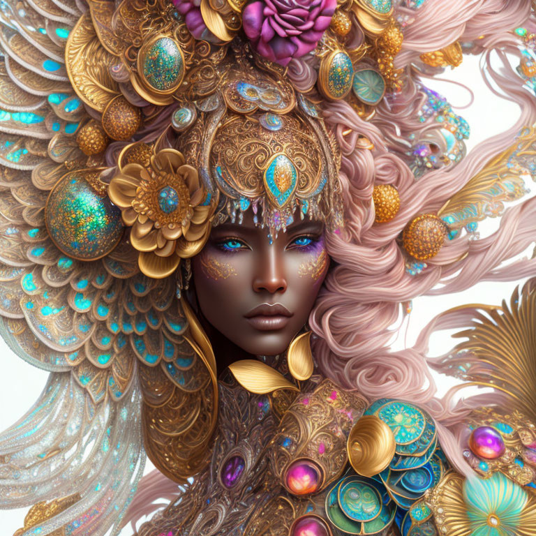 Fantasy image: Woman with elaborate gold headwear & pastel swirling hair