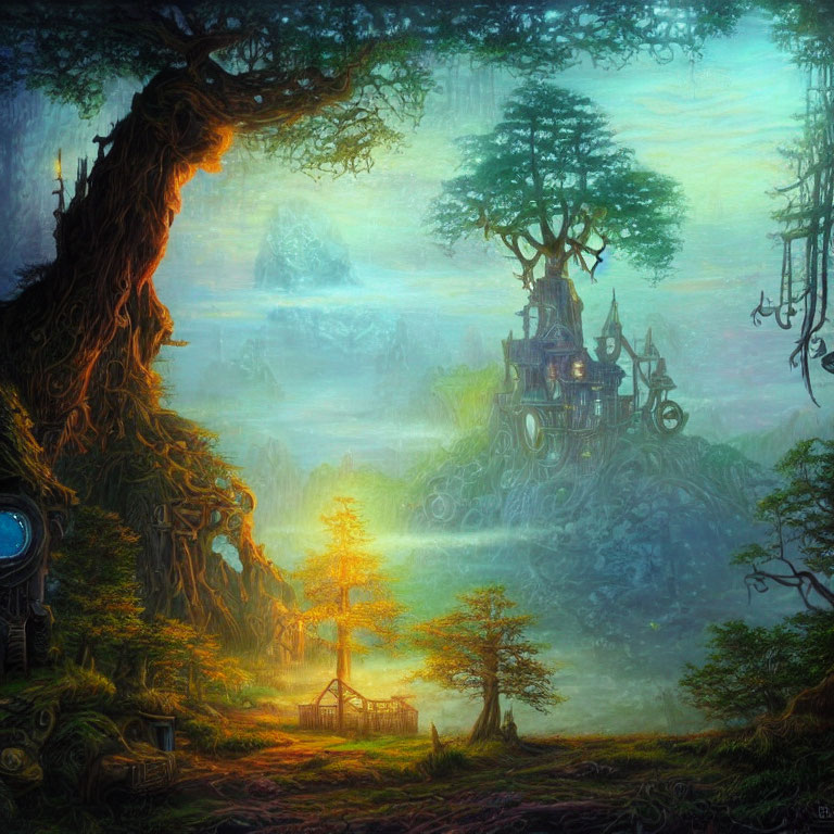 Ethereal fantasy forest with glowing tree, misty background, intricate treehouses, and mystical light