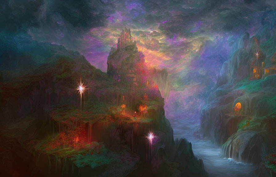 Vibrant colorful sky over mystical castle and cliffs