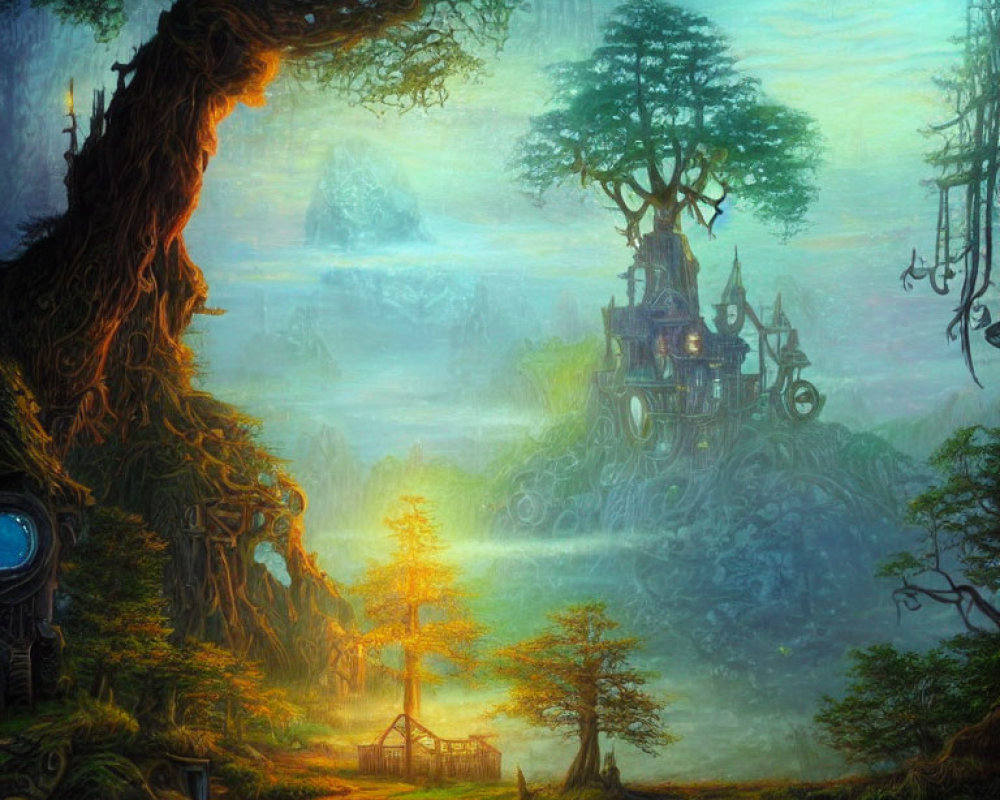 Ethereal fantasy forest with glowing tree, misty background, intricate treehouses, and mystical light