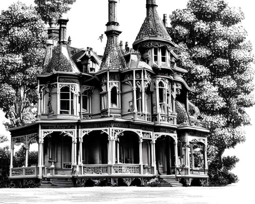 Victorian-style house with turrets, woodwork, and wrap-around porch amid trees