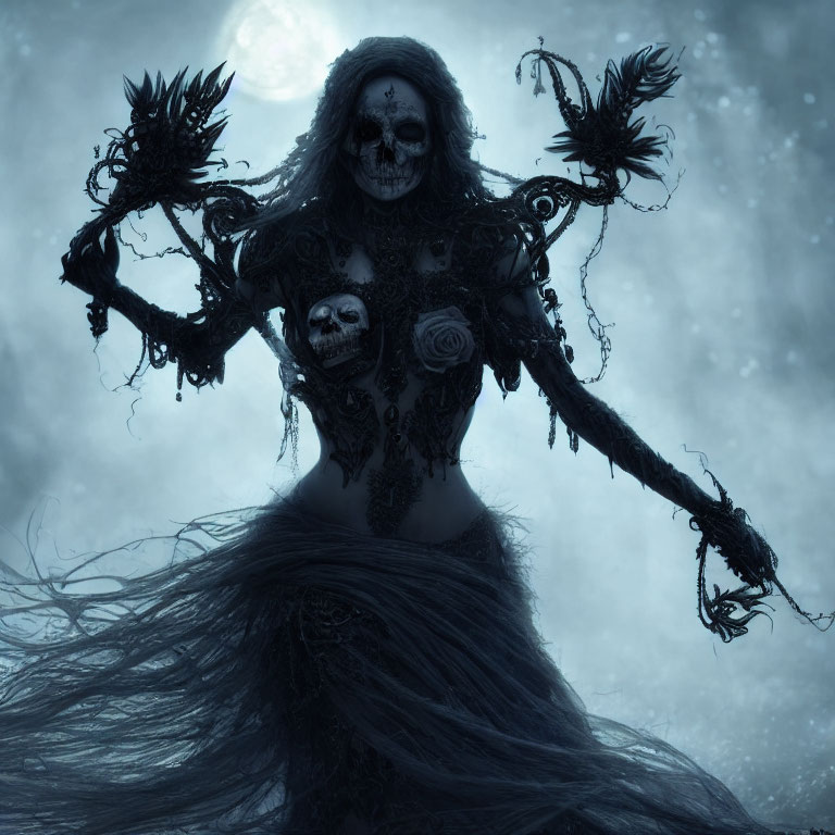 Elongated arms skeleton with ornate design in moonlit mist