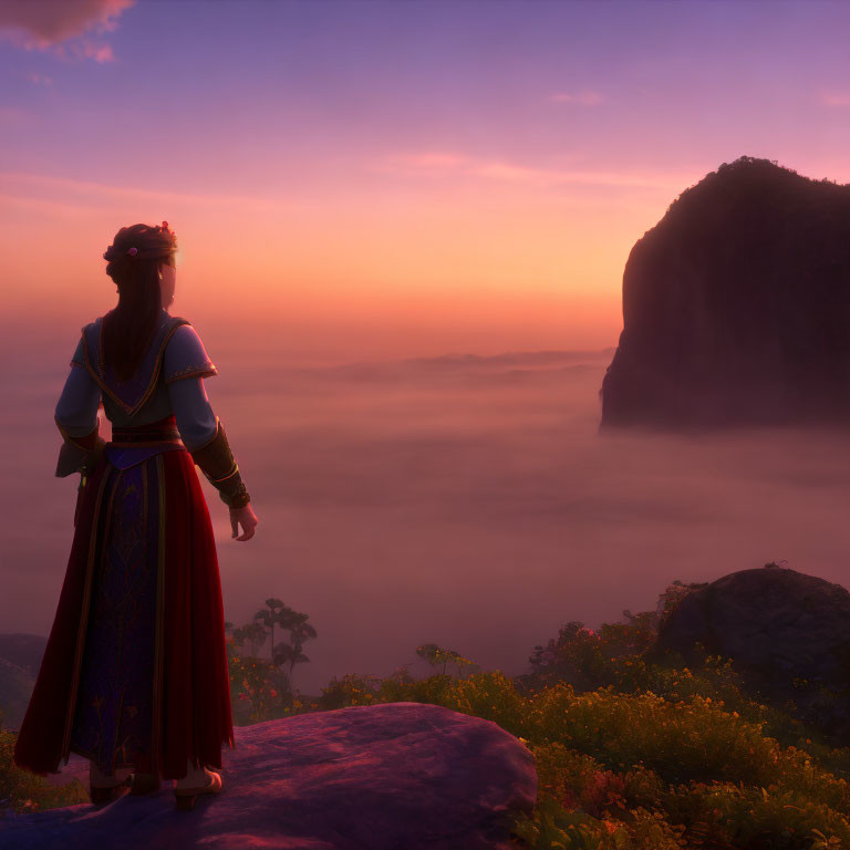 Traditional Attire Figure Admiring Sunset Over Misty Mountains