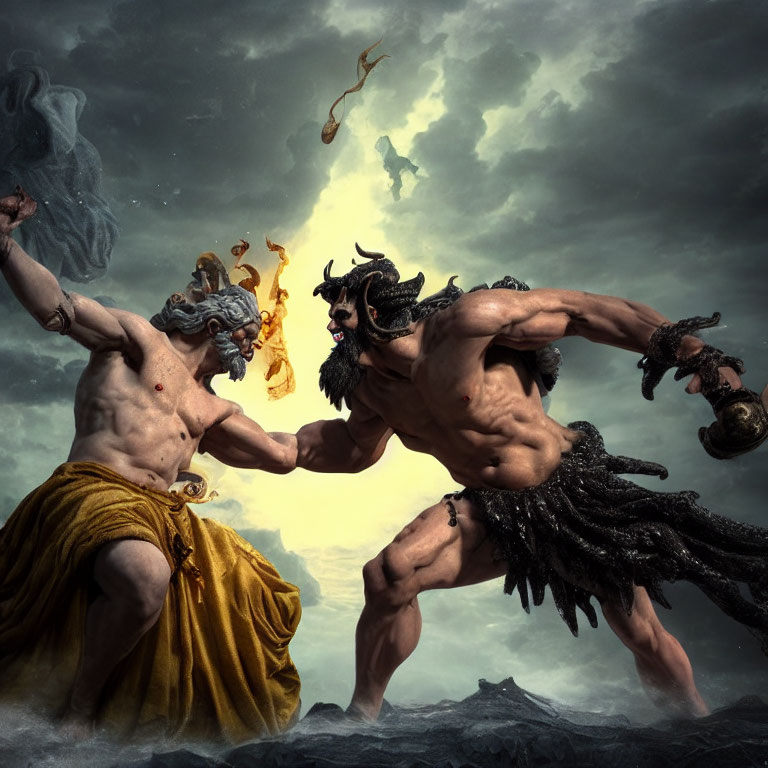 Muscular mythological figures battle under stormy sky